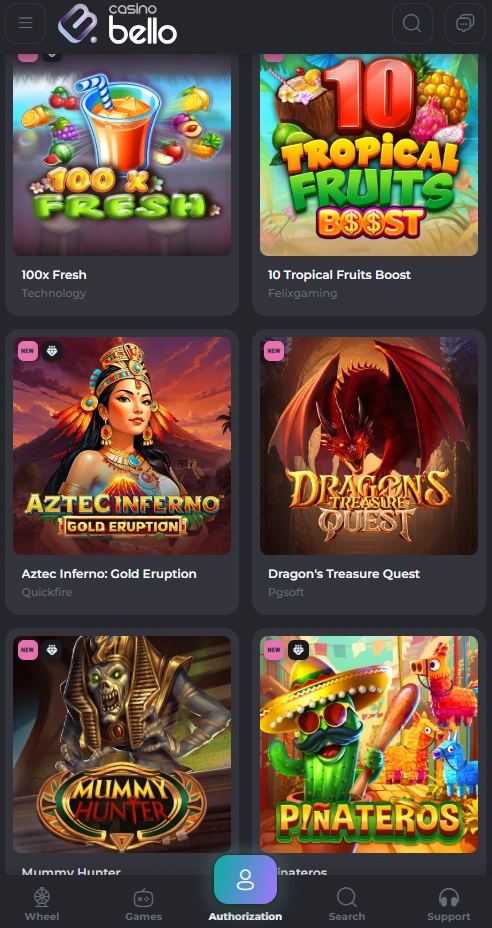 casinobello mobile games page