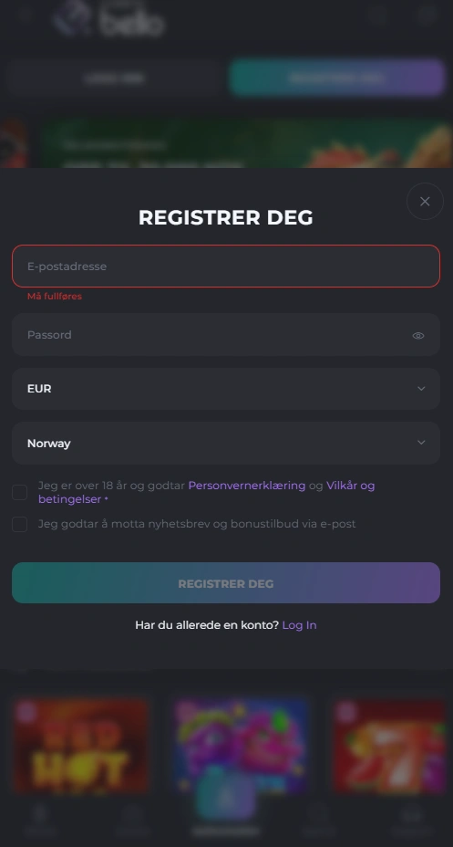casinobello mobile login page